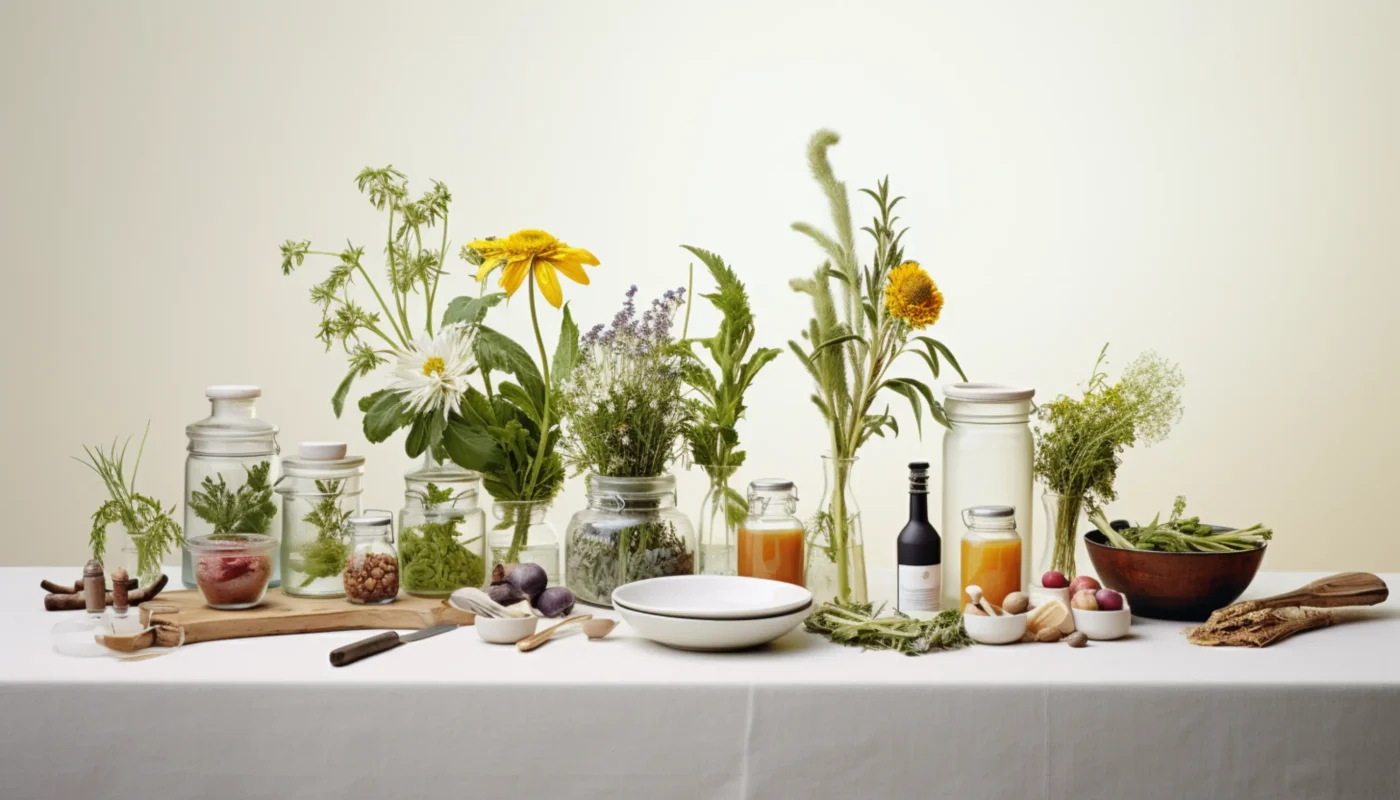 une table garnie de bocaux remplis de plantes et d'épices
