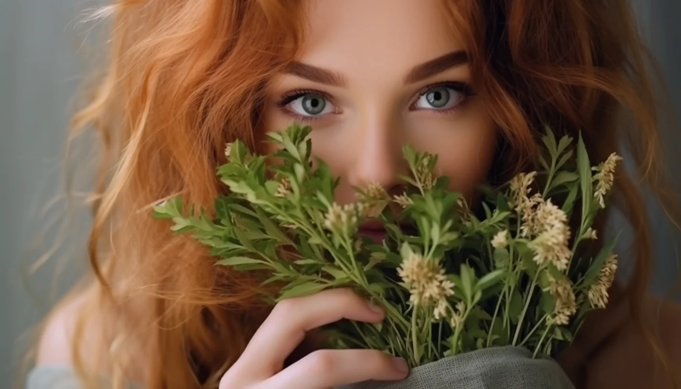 une femme aux longs cheveux rouges tenant des fleurs