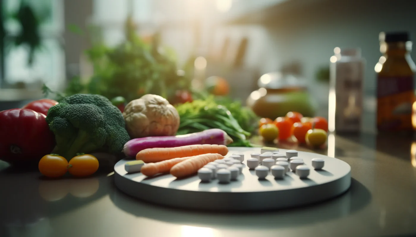 une table avec des légumes et des pilules dessus