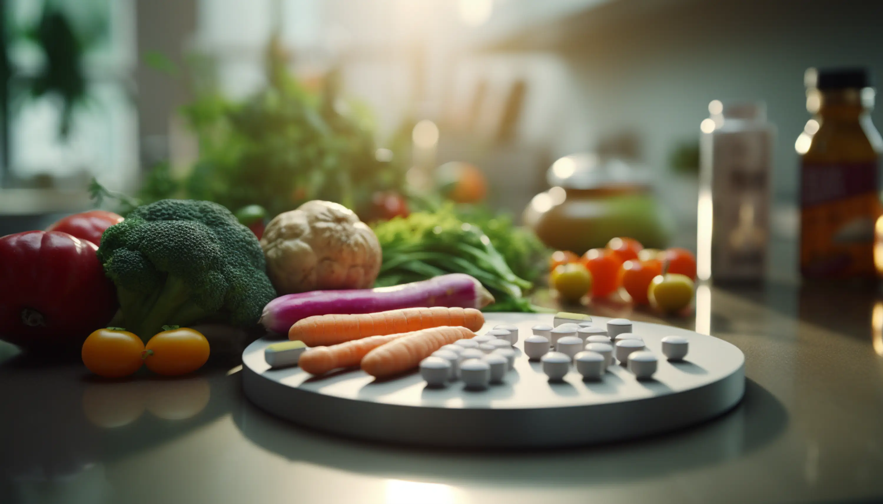 une table avec des légumes et des pilules dessus