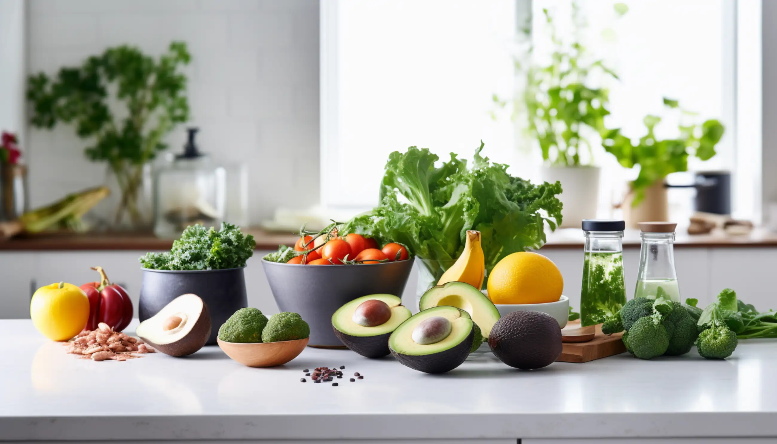 un assortiment de fruits et légumes sur un comptoir de cuisine