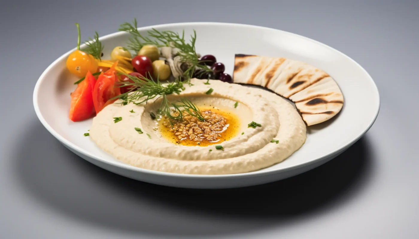 une assiette d'houmous maison avec du pain pita et des légumes dessus