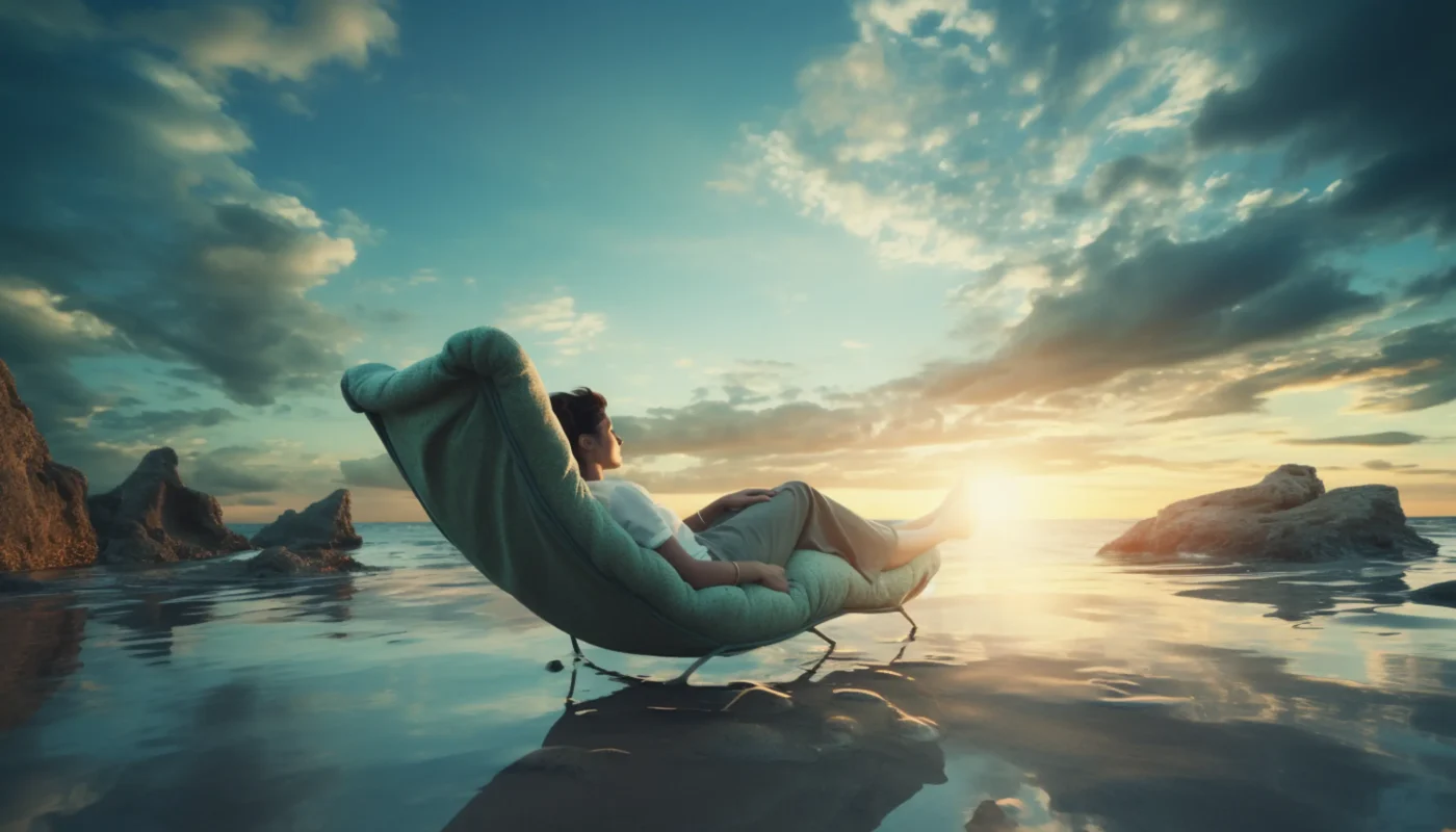 une femme assise sur une chaise sur la plage