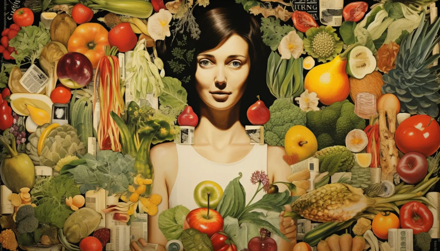 une peinture d'une femme entourée de fruits et légumes