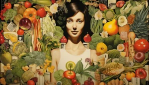 une peinture d'une femme entourée de fruits et légumes