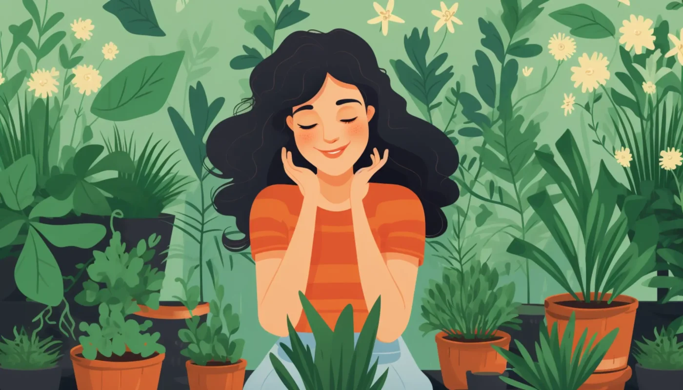 une femme assise devant des plantes en pot