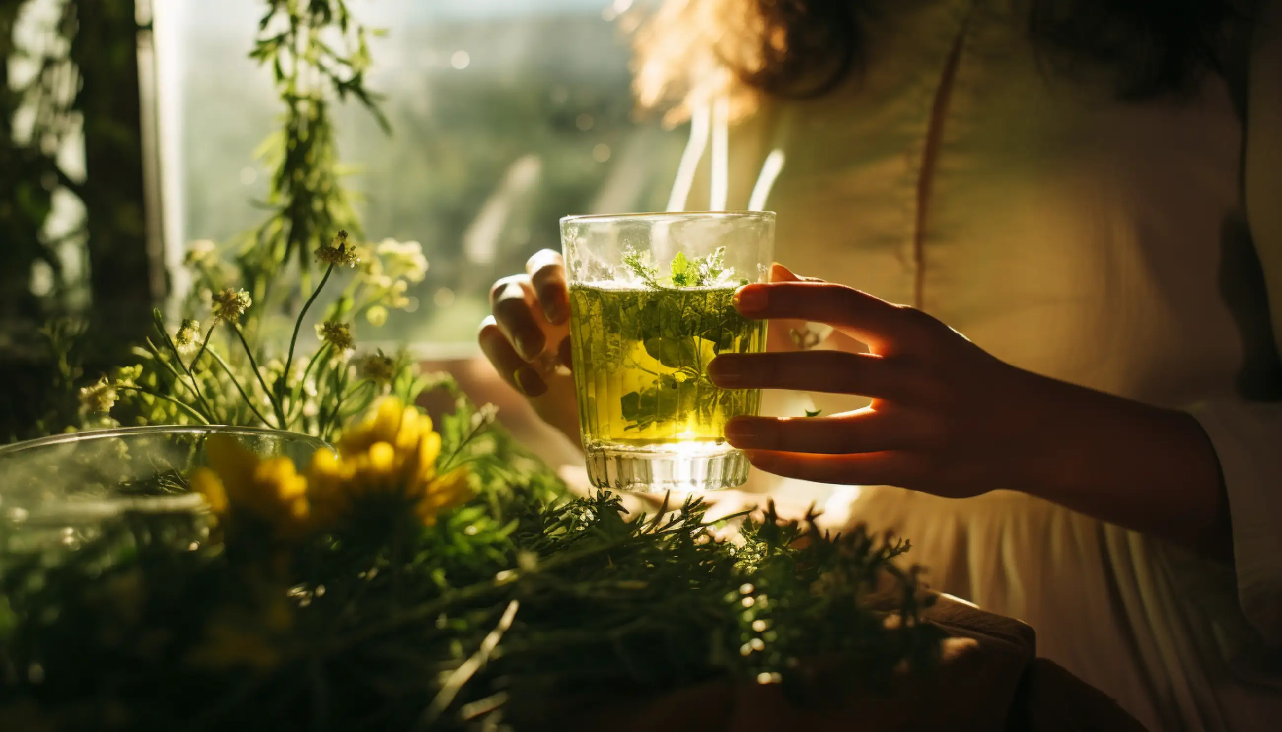 une femme tenant un verre rempli de liquide vert