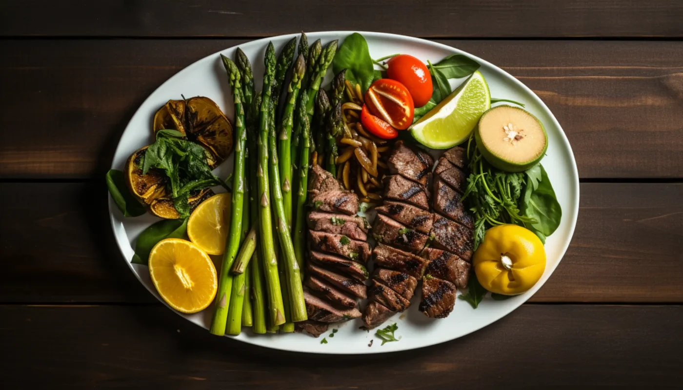 une assiette blanche garnie de steak et d'asperges