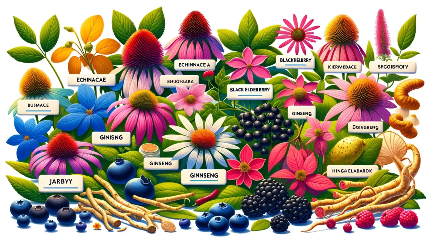 une illustration colorée de fleurs et de baies illustrant les bienfaits des plantes médicinales