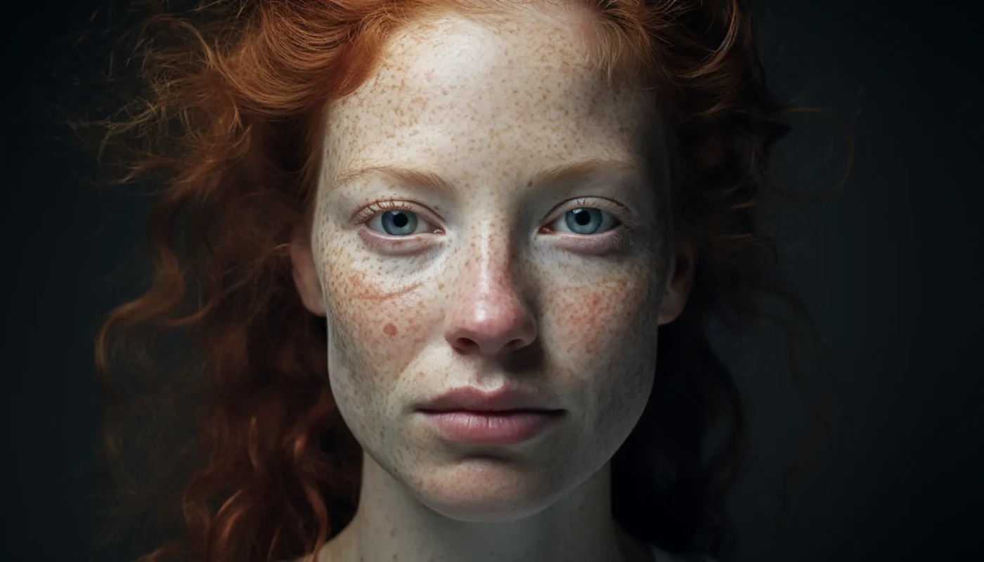 une femme aux cheveux tachetés de rousseur et aux yeux bleus