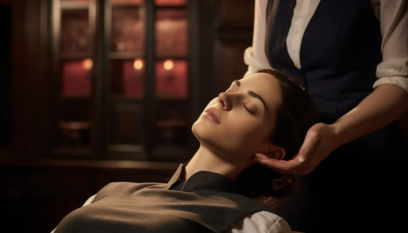 une femme recevant un massage de la tête dans un spa