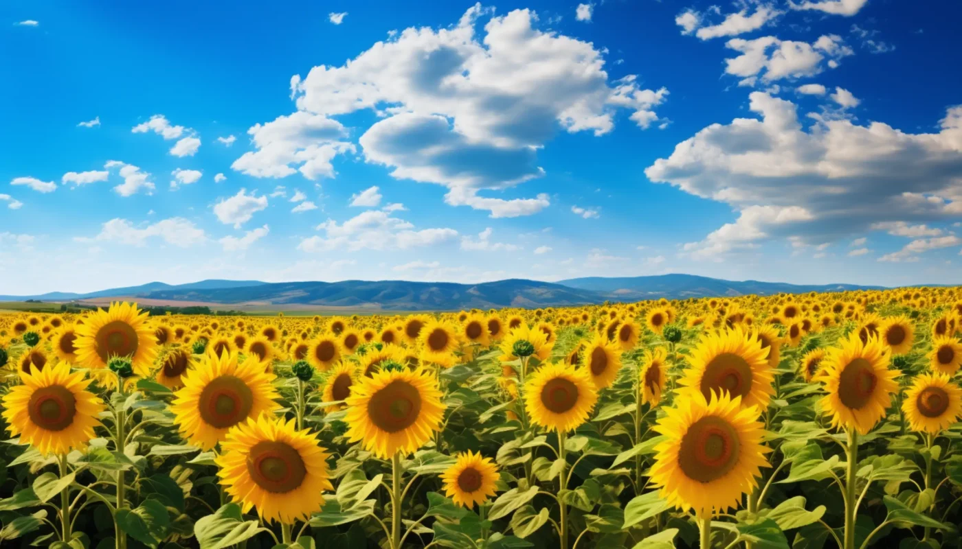 un grand champ de tournesols avec des montagnes en arrière-plan