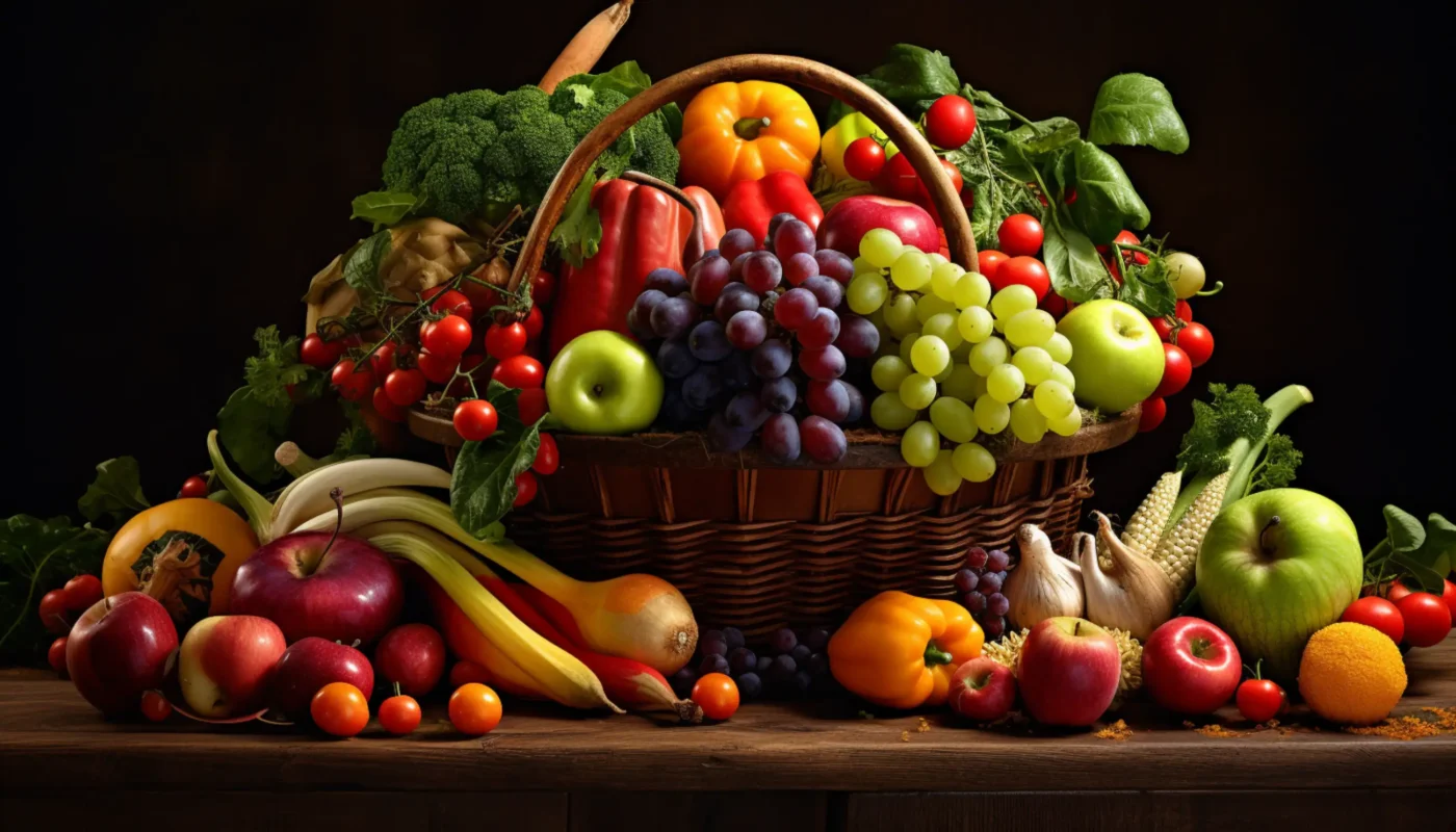 un panier rempli de fruits et légumes assortis