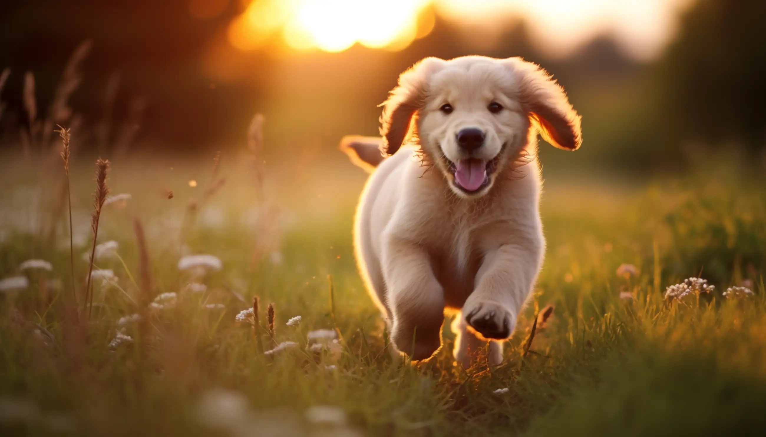 un chien qui court dans l'herbe vers la caméra