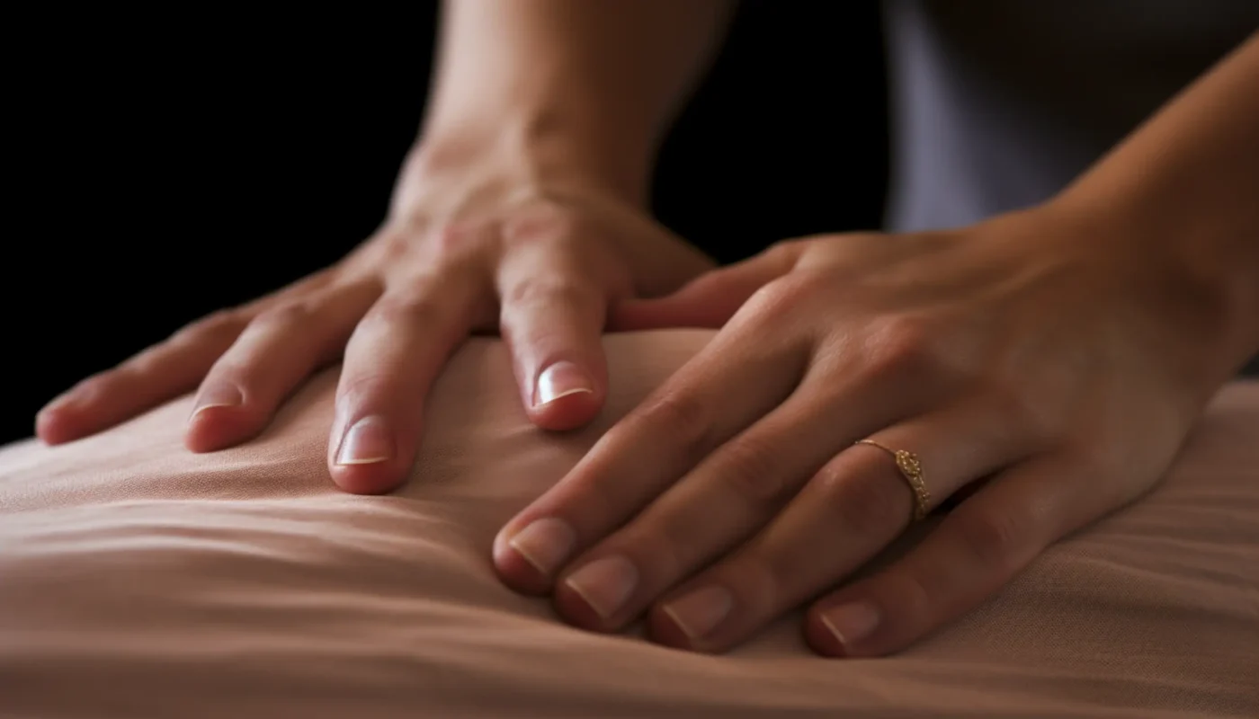 les mains d'une femme posées sur le dos d'un lit