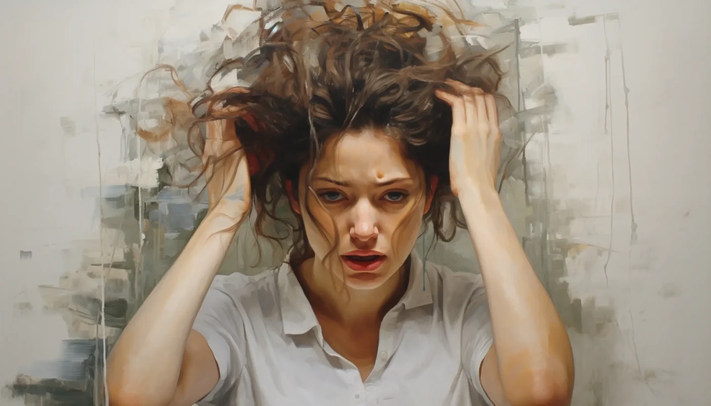 une peinture d'une femme tenant ses cheveux
