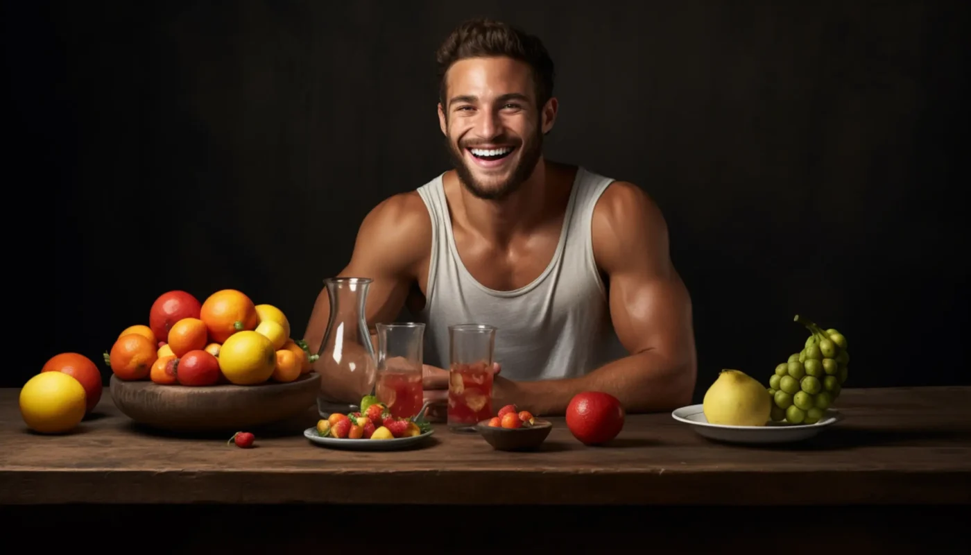 un homme assis à une table avec des fruits et du vin