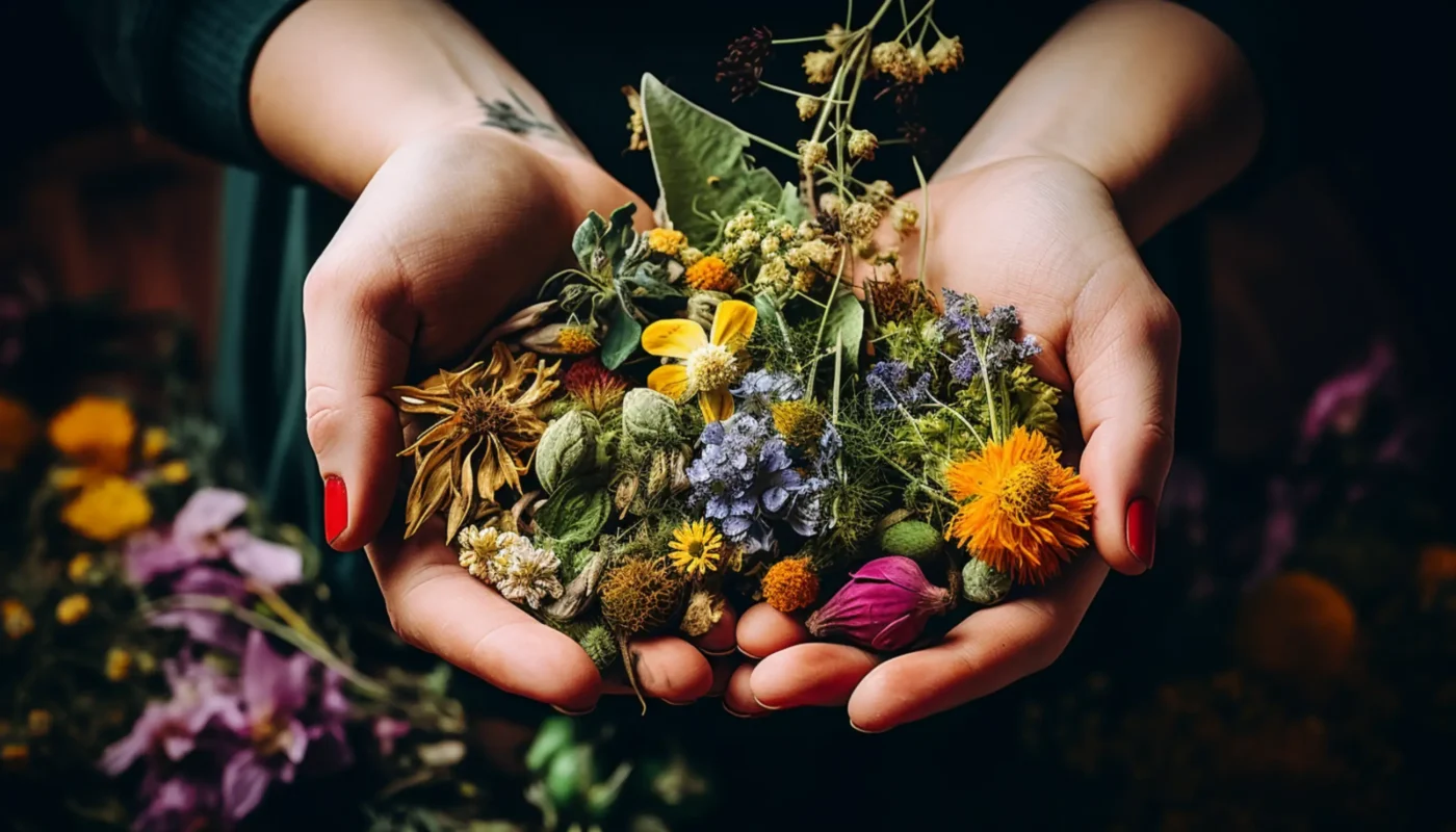 une personne tendant les mains pleines de fleurs