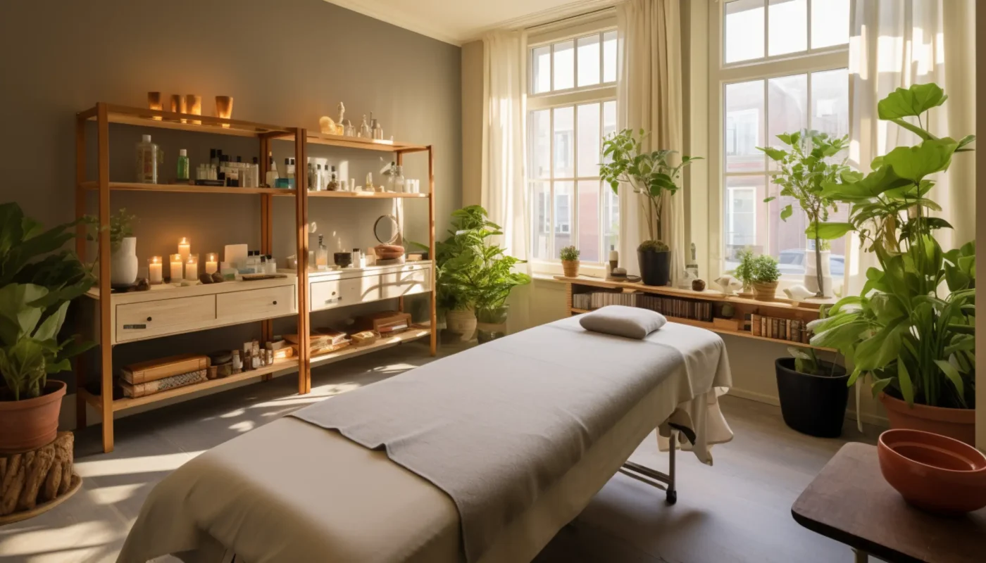 une salle de spa avec des plantes et des bougies sur des étagères