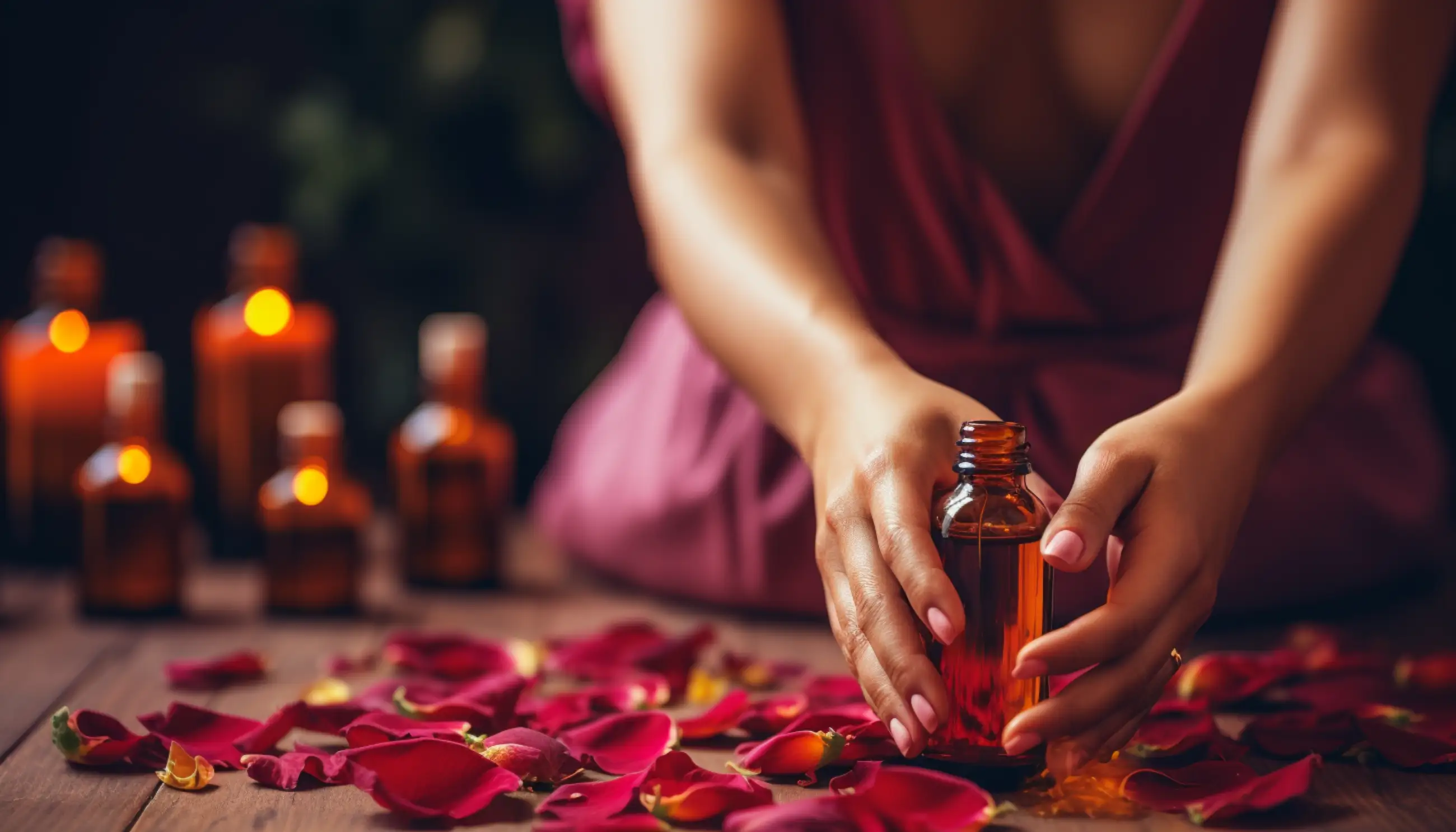 une femme vêtue d'une robe rose tient une bouteille