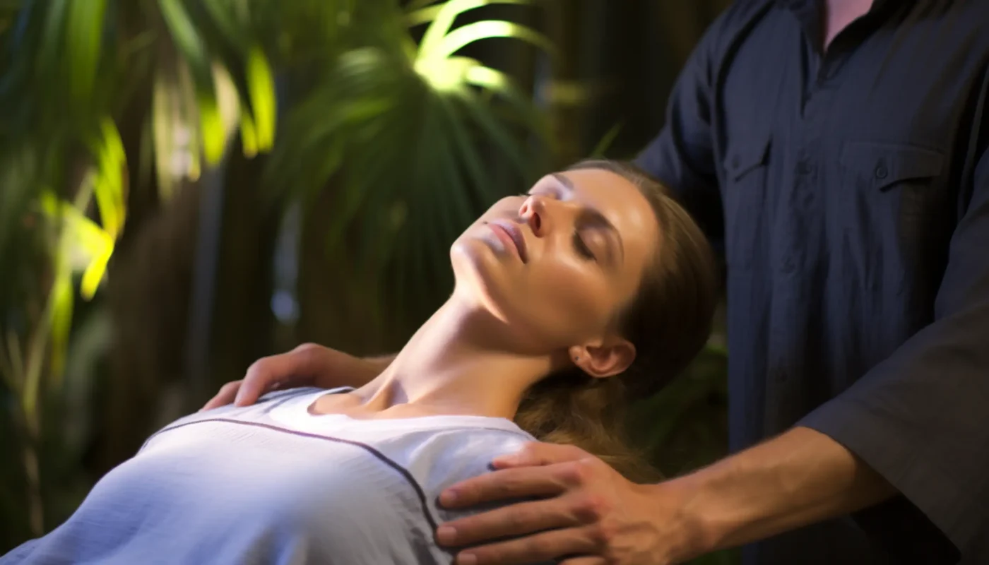 une femme reçoit un massage du visage d'un homme
