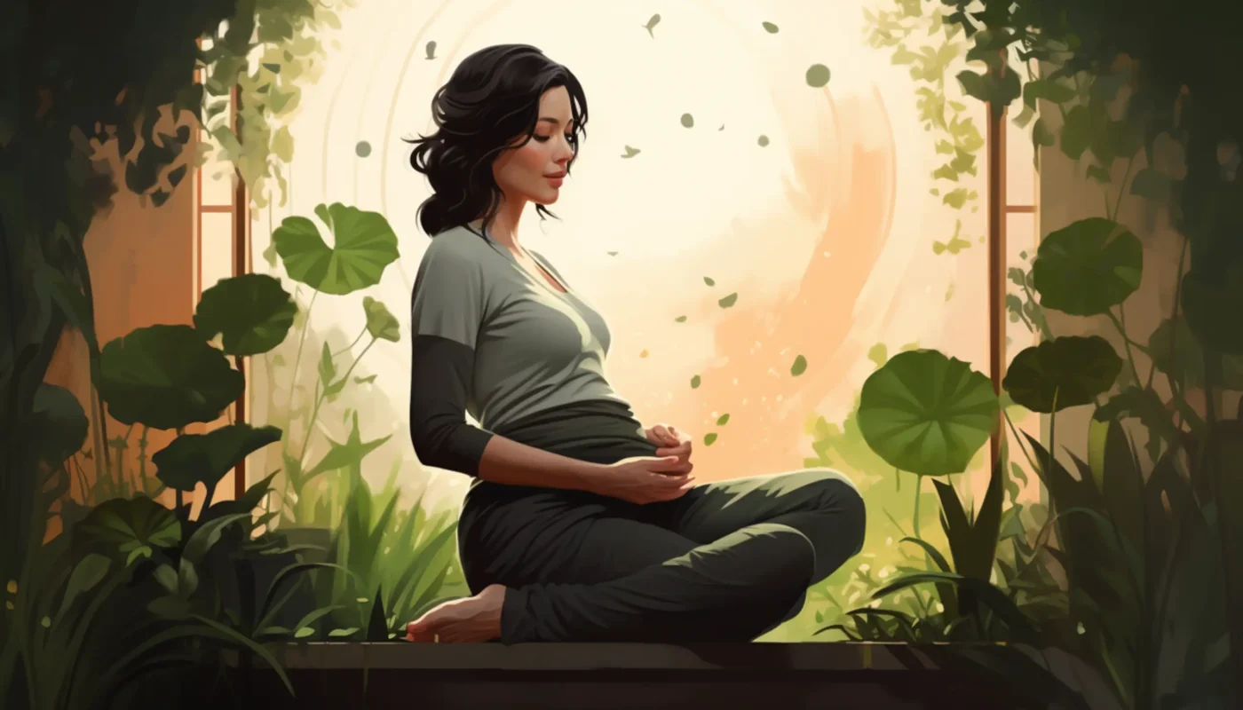 une peinture d'une femme enceinte assise sur un banc