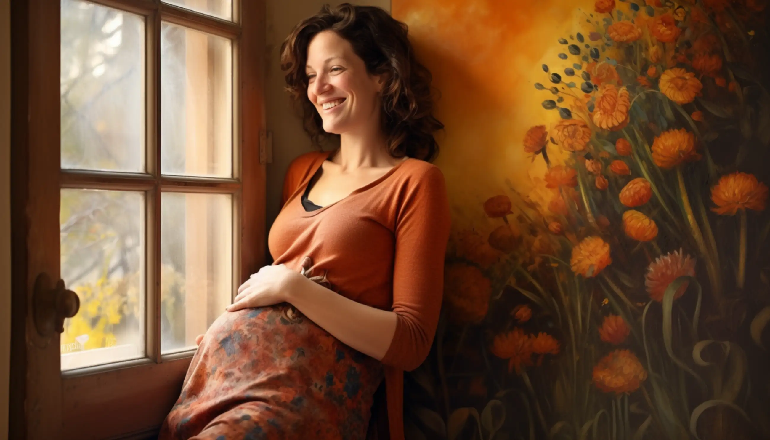 une femme enceinte appuyée contre un rebord de fenêtre