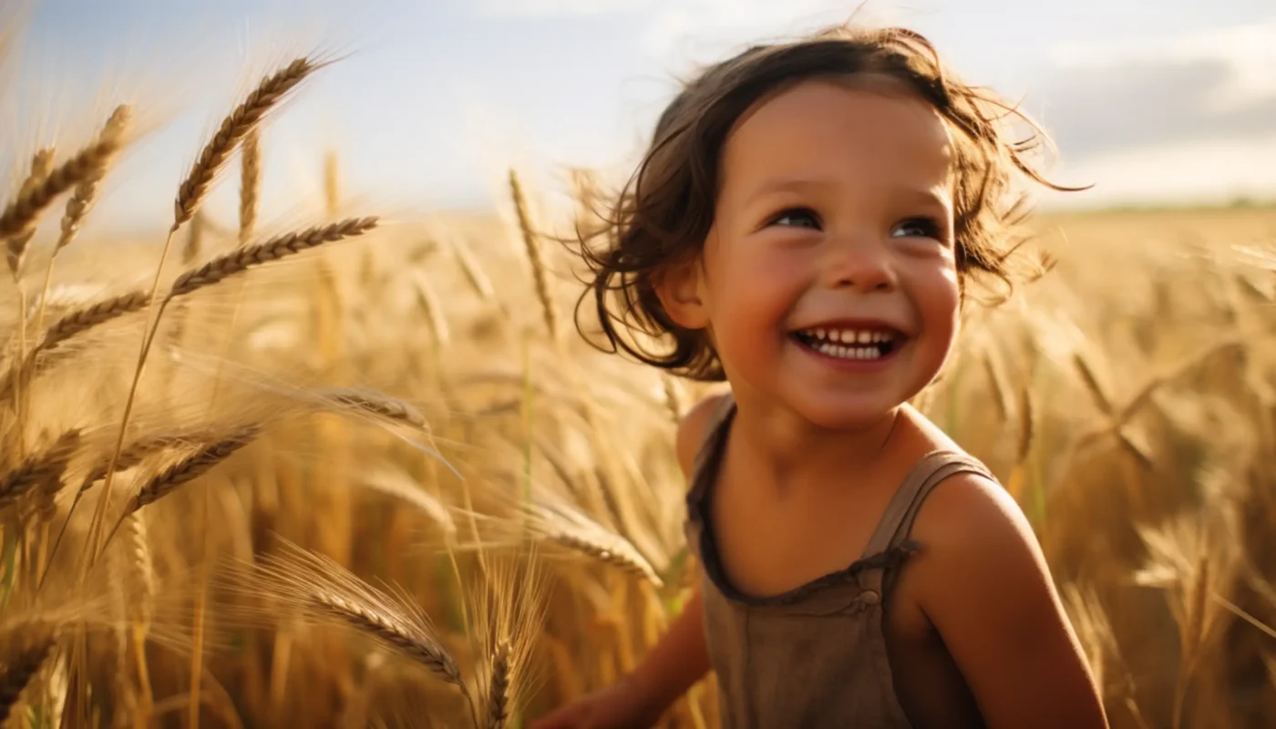 une petite fille debout dans un champ de blé souriant