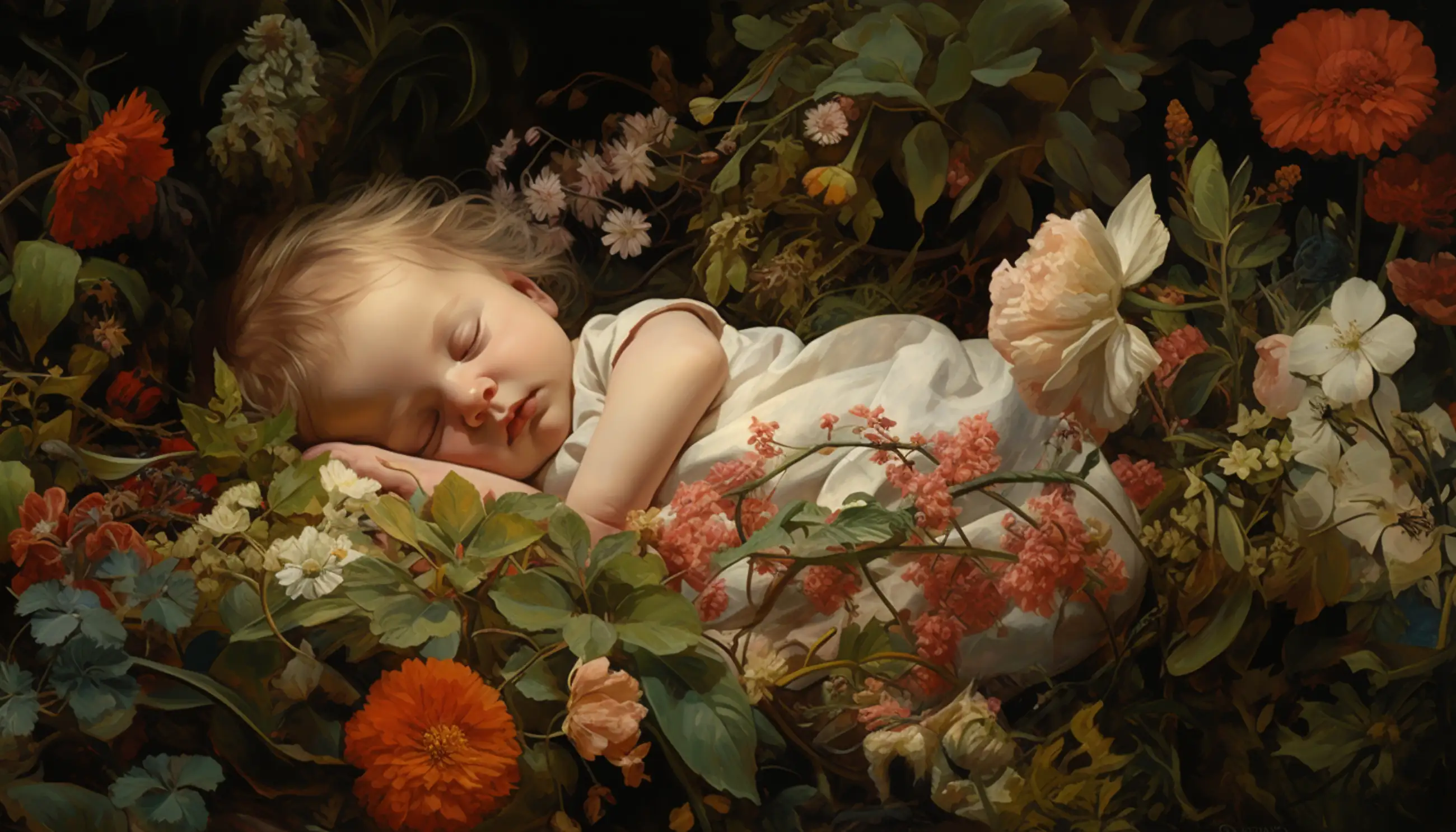 une peinture d'un bébé dormant dans un champ de fleurs