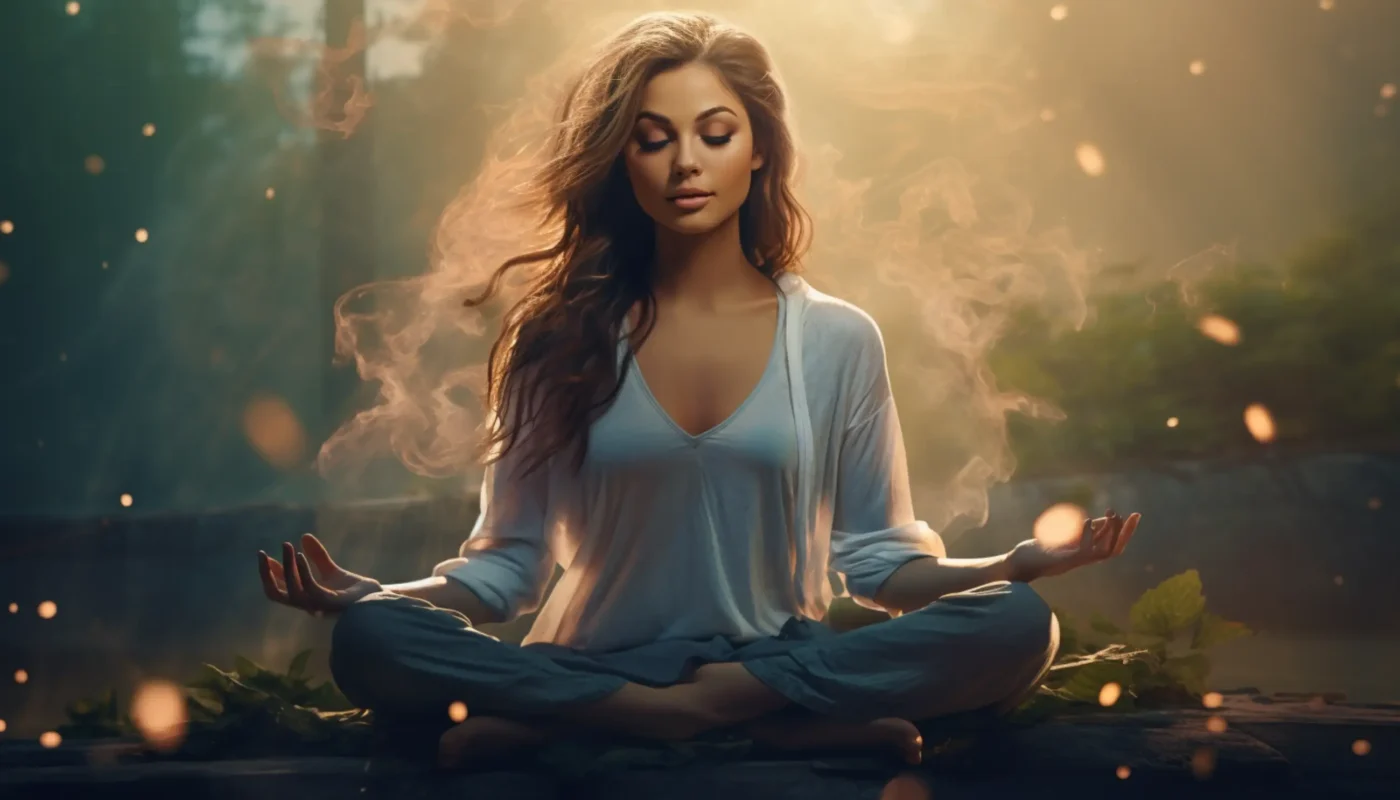 une femme assise dans la position du lotus, les yeux fermés