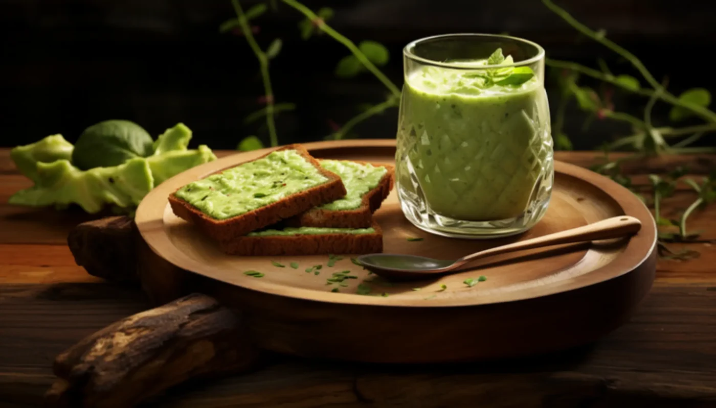 une assiette en bois garnie de tranches de pain à côté d'un verre de liquide vert