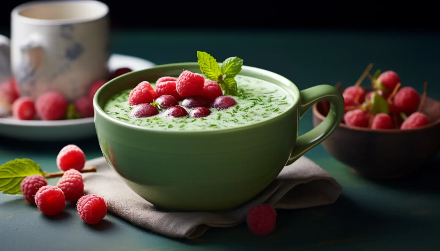 une tasse verte remplie de framboises et garnie de menthe