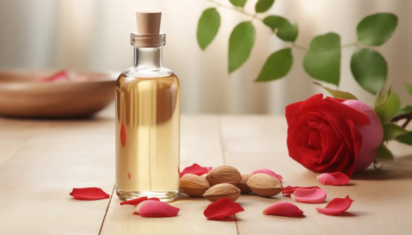 une bouteille d'huile de rose à côté d'une rose sur une table