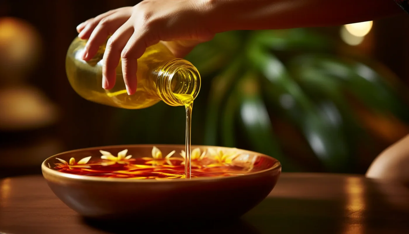 une personne versant de l'huile d'olive dans un bol