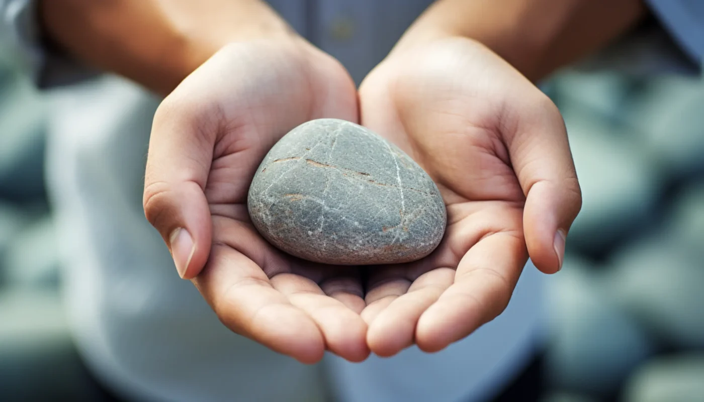 une personne tenant un rocher dans ses mains