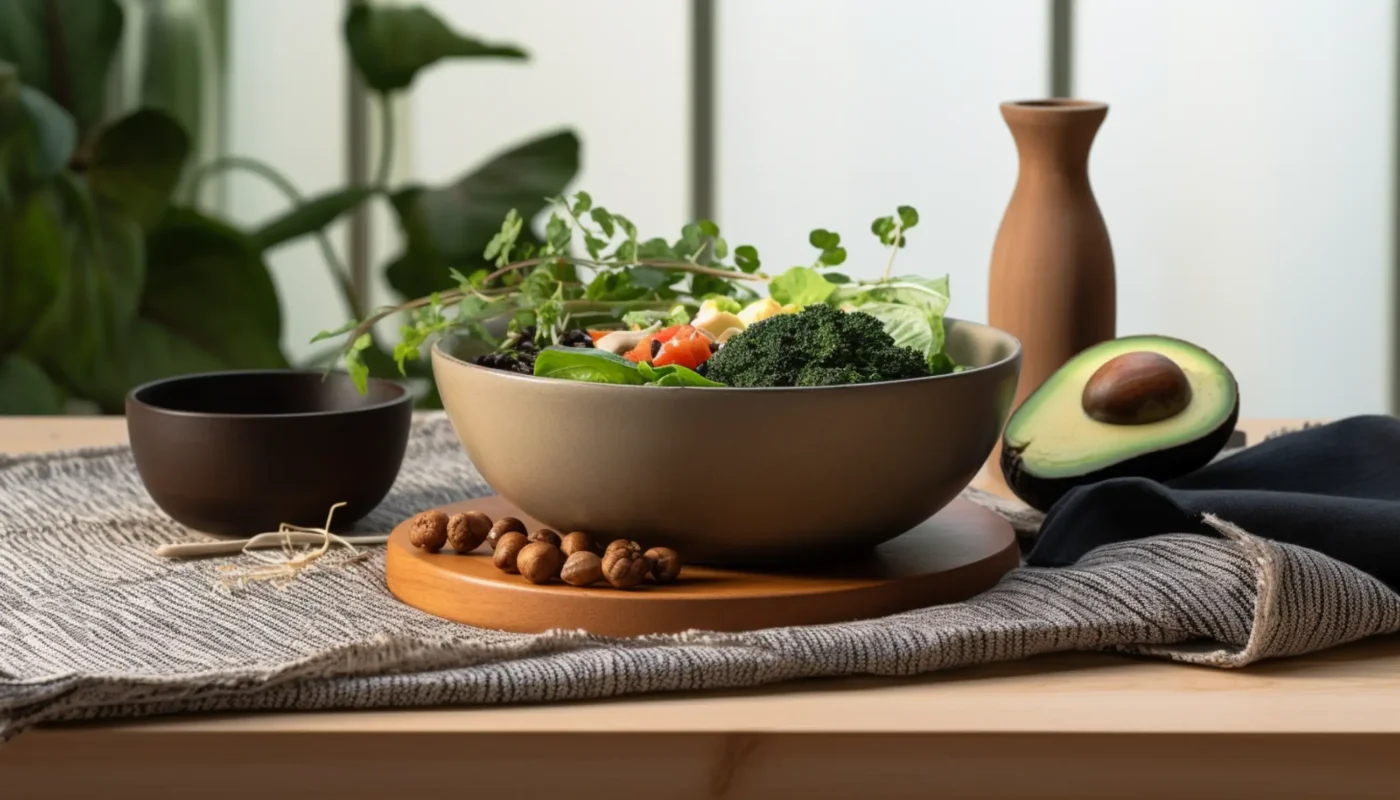 un bol de salade avec avocat et autres légumes