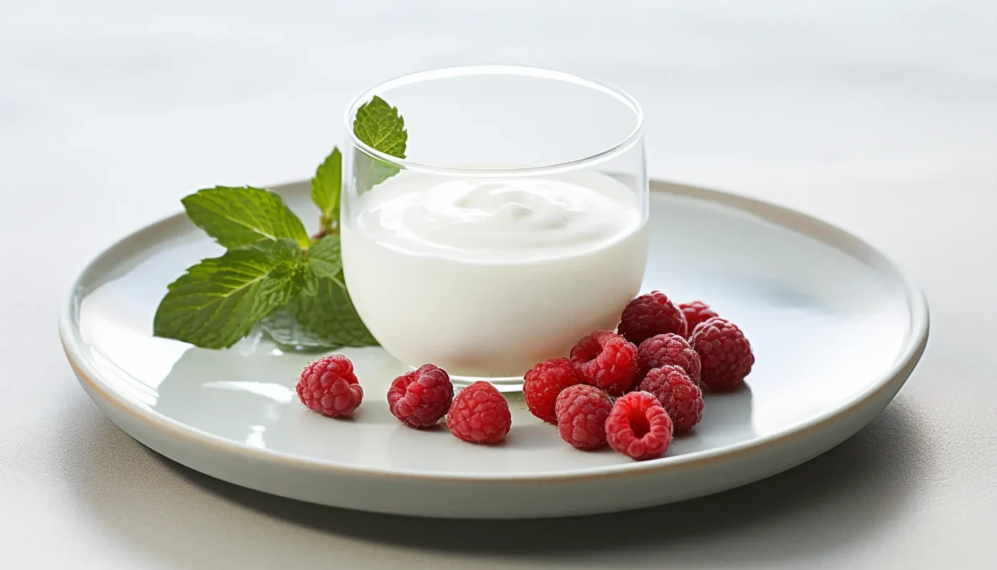 une assiette avec des framboises et du yaourt dessus