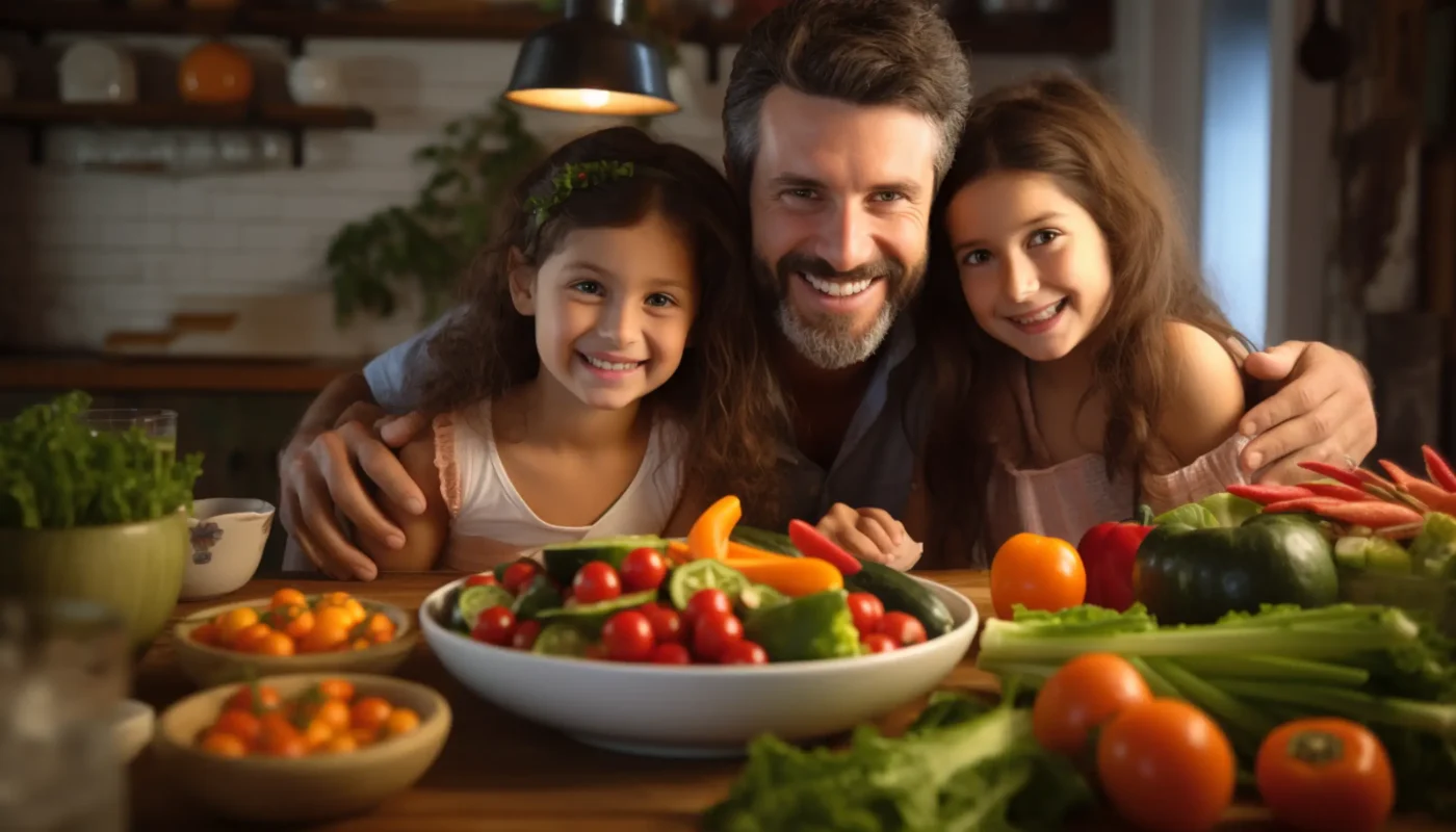 un homme et deux filles debout devant une table pleine de légumes
