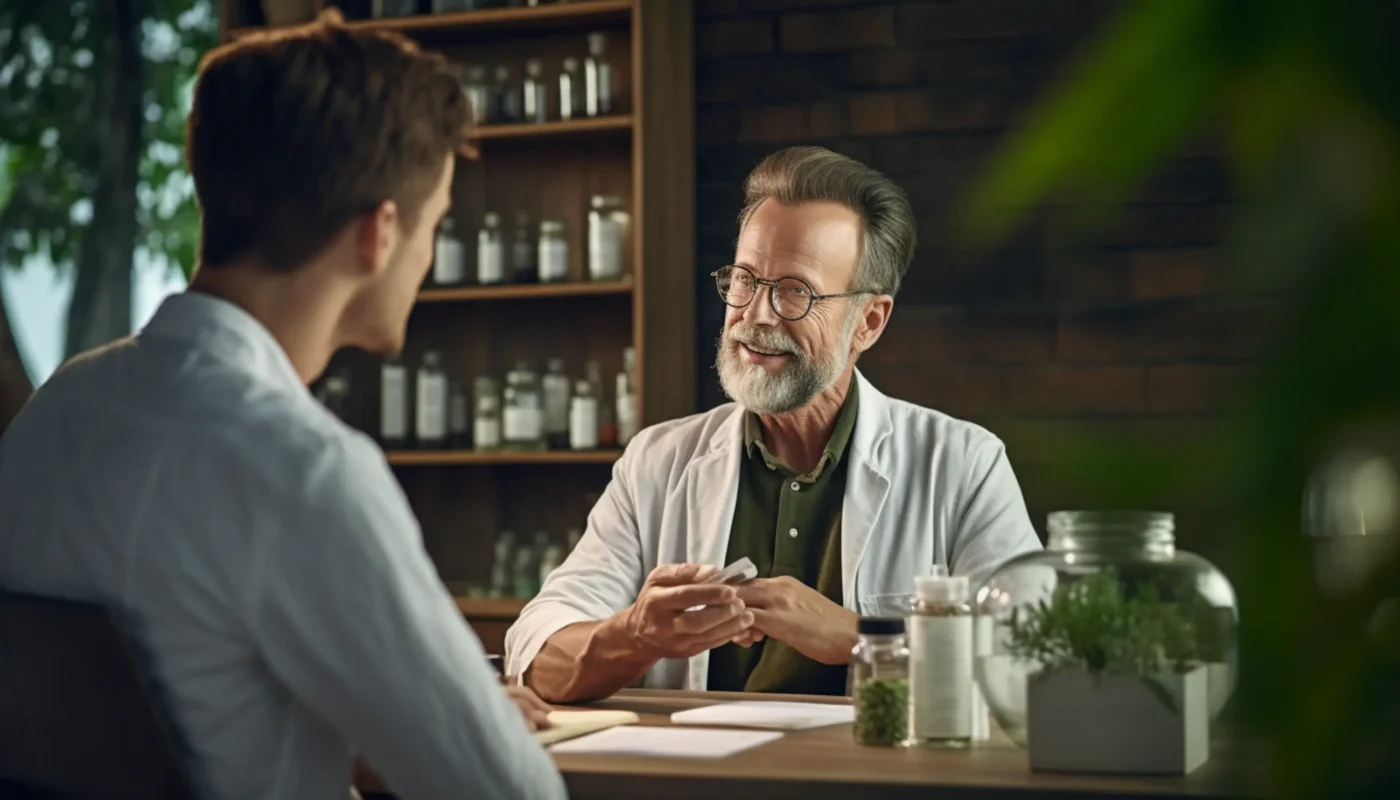 un homme assis à une table parlant à un autre homme