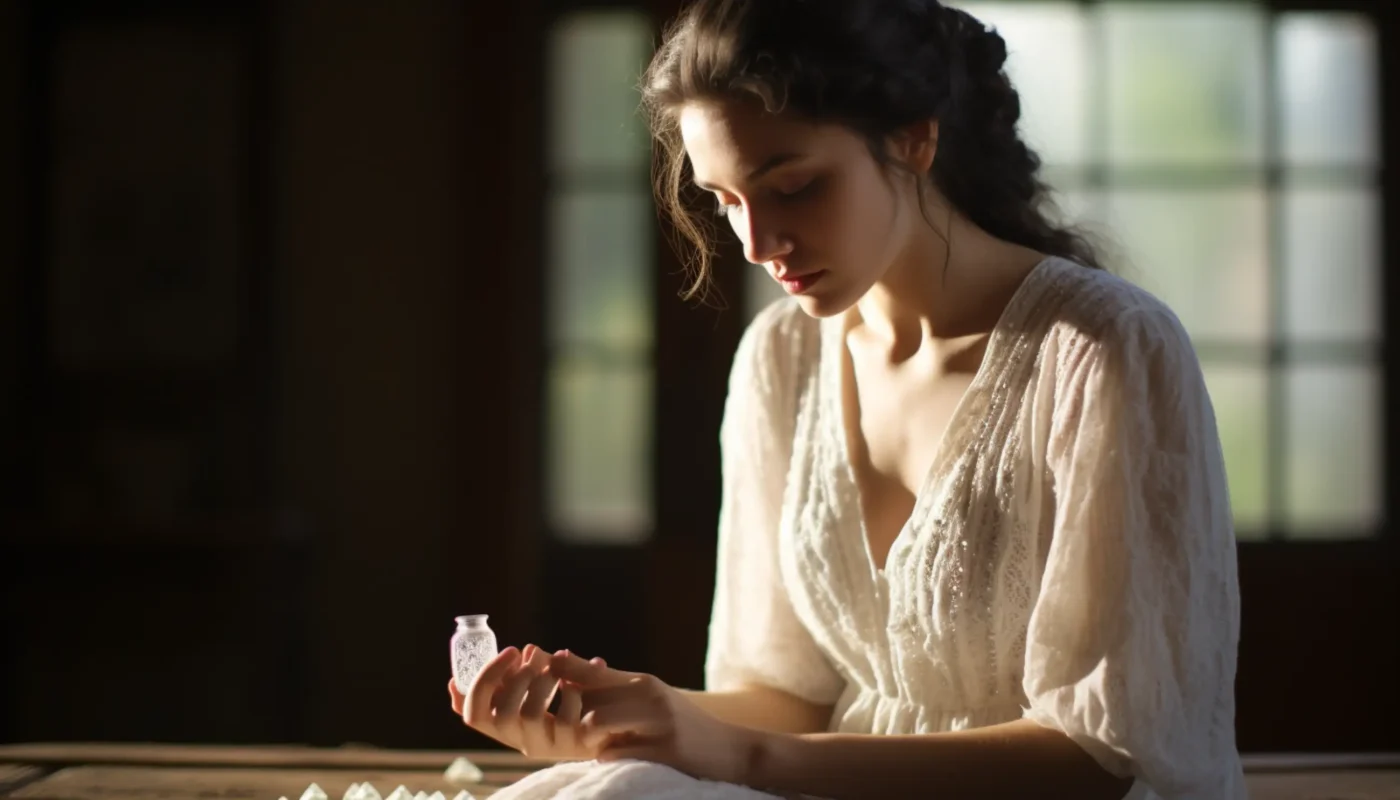 une femme assise sur un lit regardant un morceau de papier