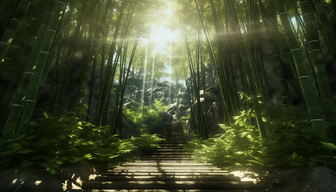 un chemin à travers une forêt verdoyante remplie de nombreux grands bambous