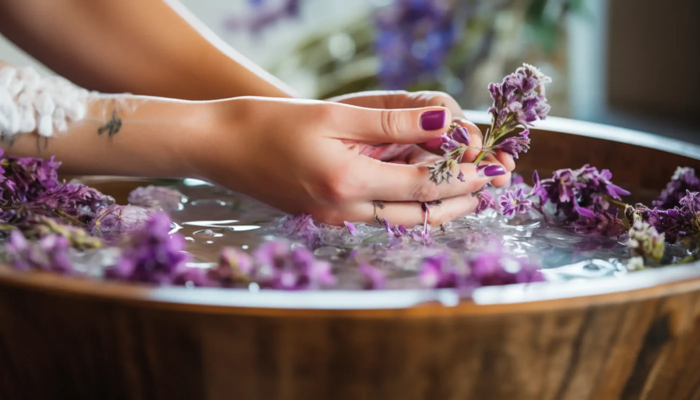 les mains d'une femme dans une baignoire remplie d'eau et de fleurs