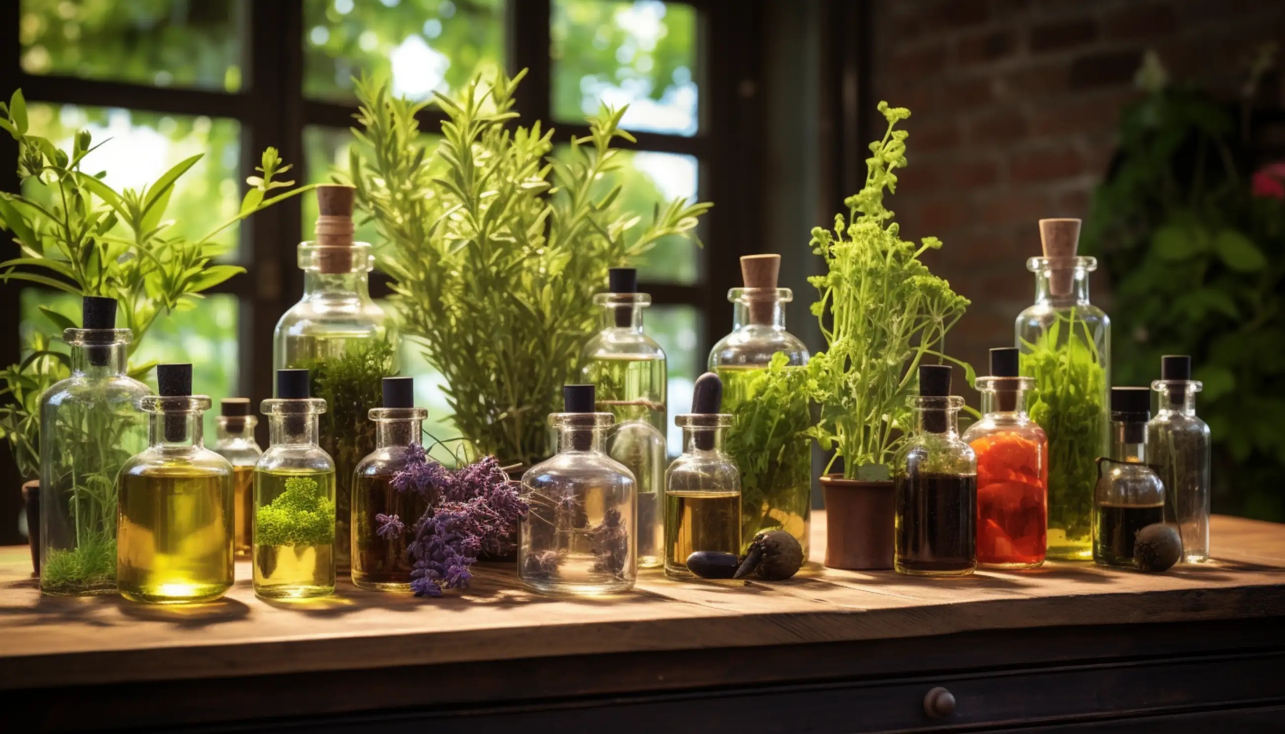 bouteilles remplies de différents types d'herbes sur une table