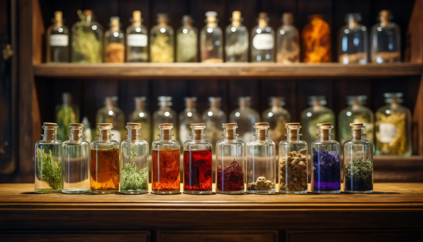 de nombreux liquides de couleurs différentes dans des bouteilles en verre sur une table