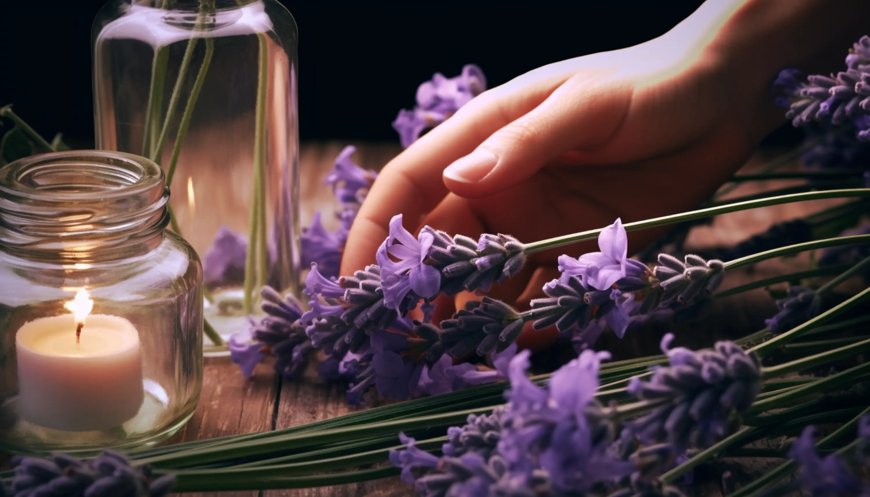 une personne tenant une bougie à côté de fleurs de lavande