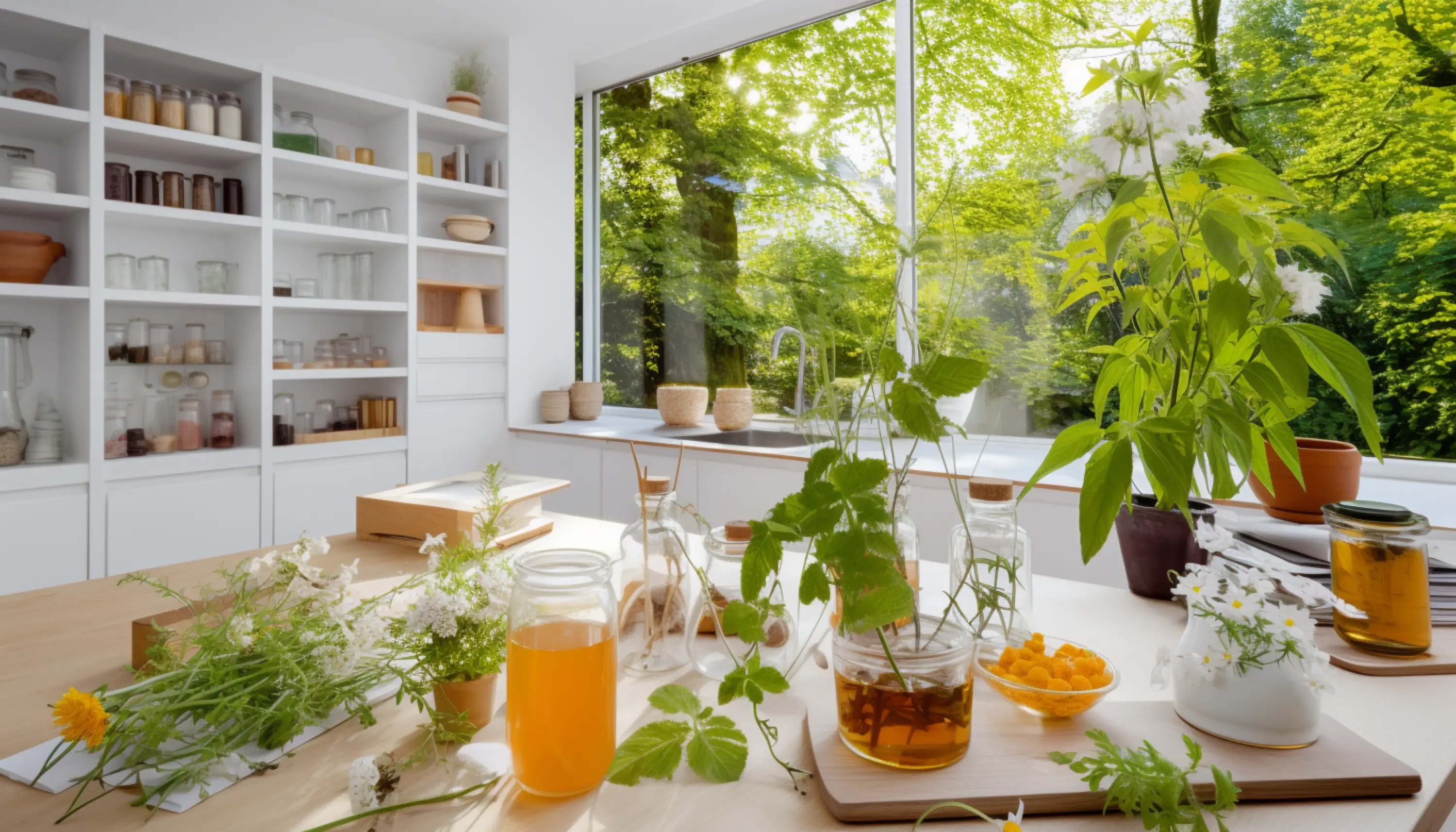 une table avec des plantes et des pots dessus