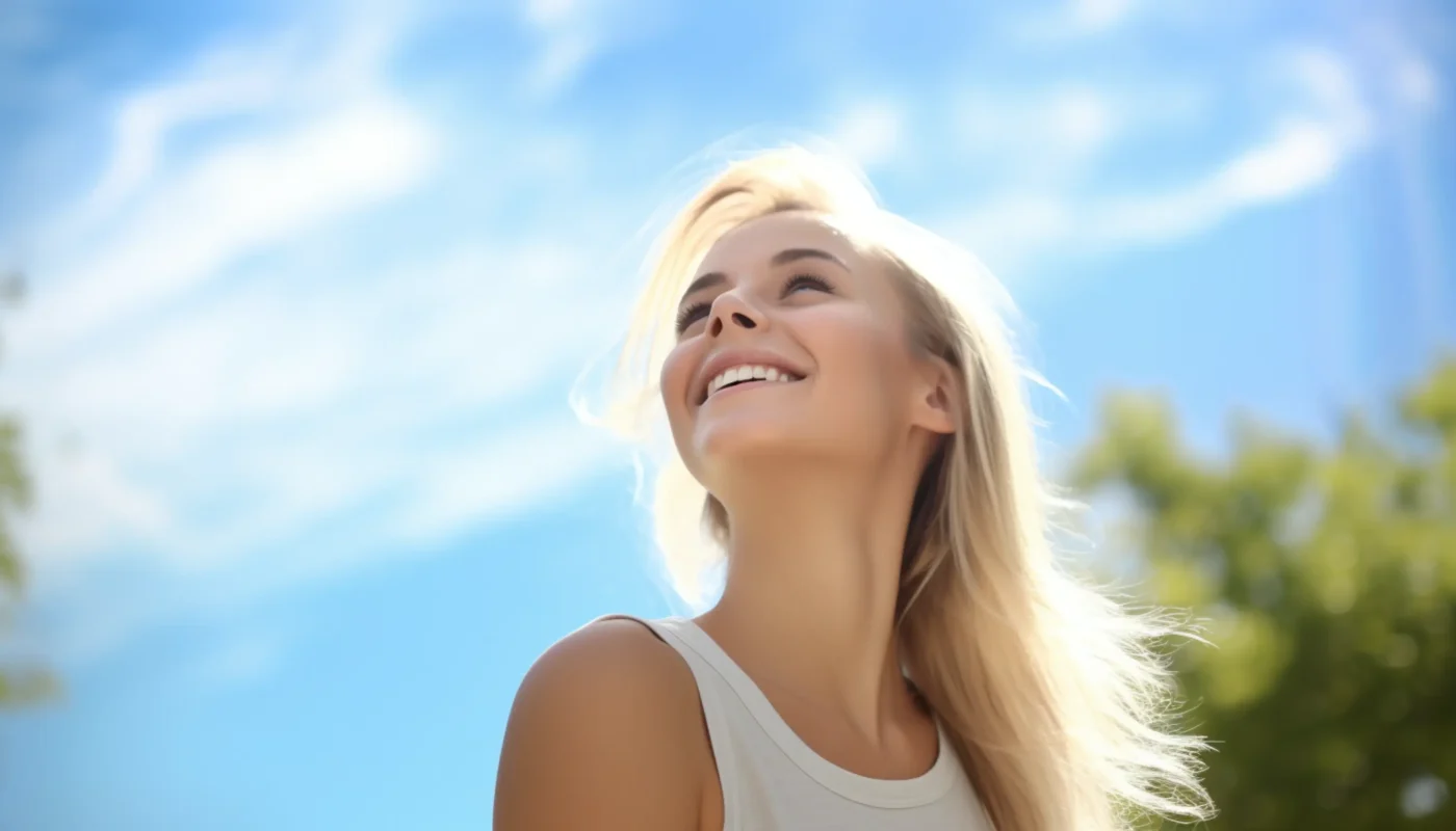 une femme souriante et regardant le ciel