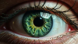 un gros plan d'un oeil avec iris vert et jaune